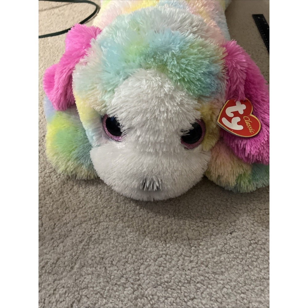 HUGE Ty XL Plush Yodel Pastel Rainbow Dog 33" Paw To Paw W Hot Pink Ears/Tail